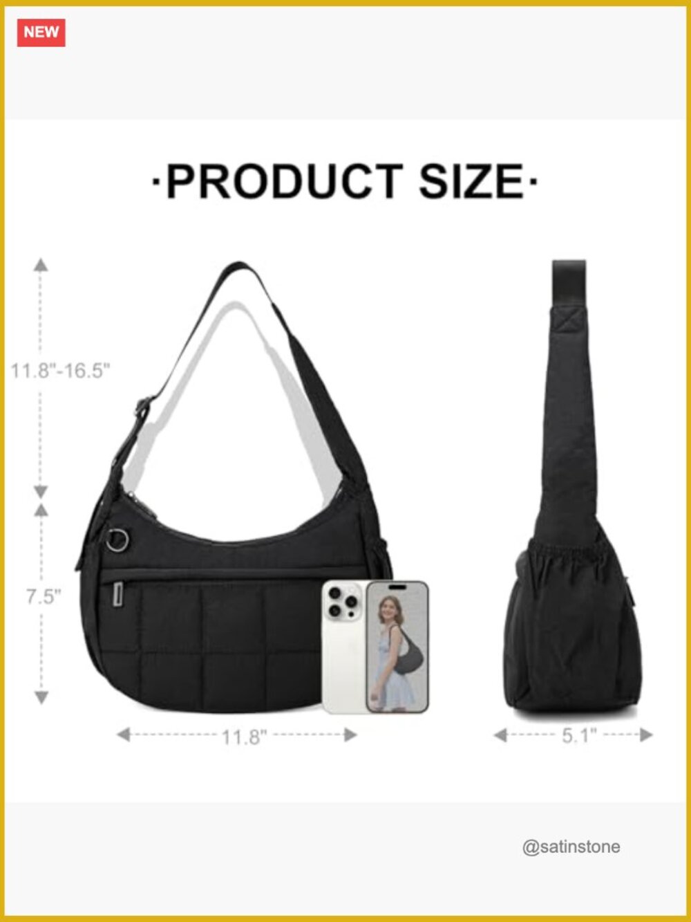 Women's Small Puffer Crescent Hobo Bag with Adjustable Strap - Picture 3 of 7